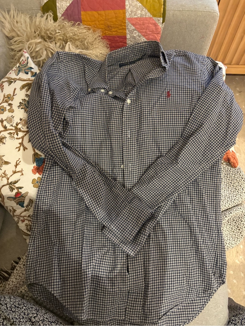 Ralph Lauren Navy and White Check Button-Down Shirt with Red Logo